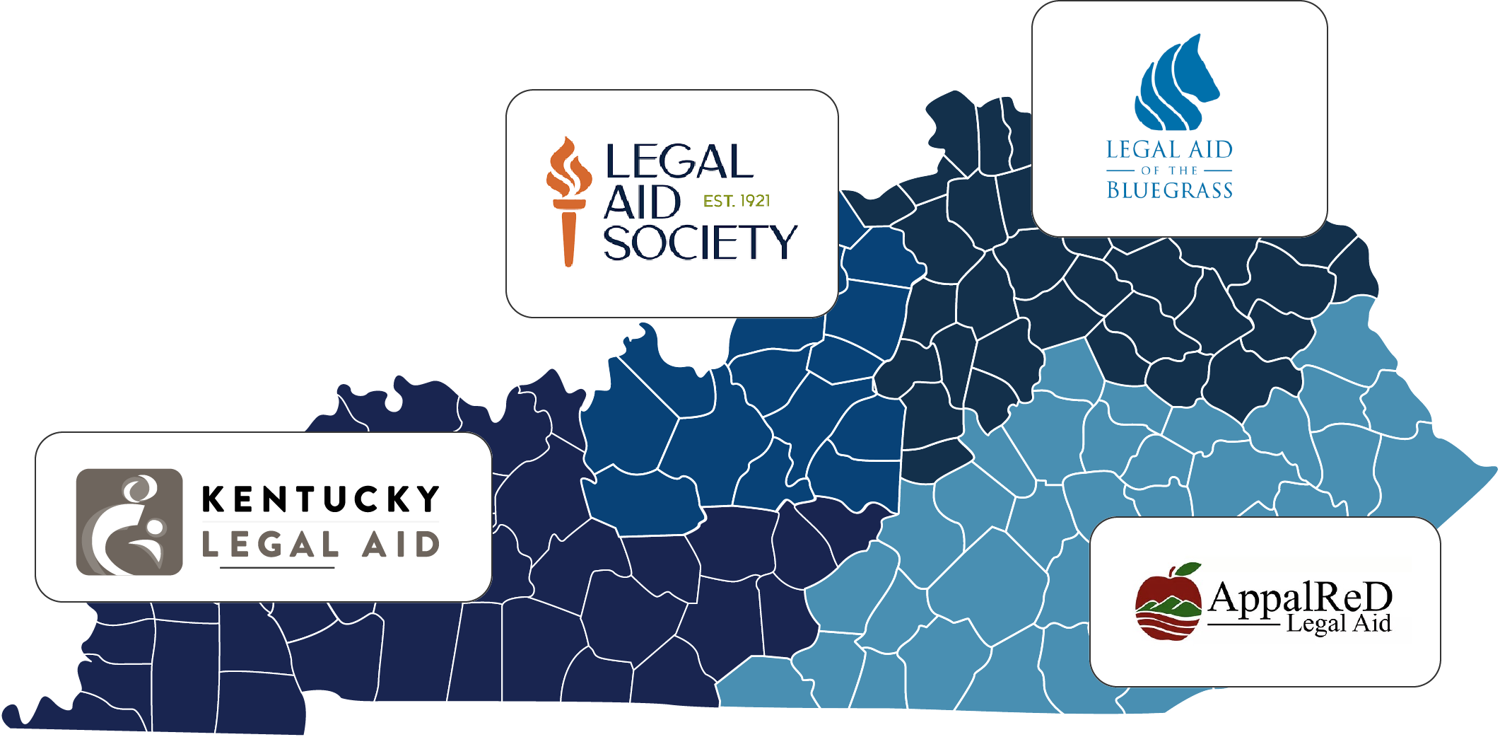 Map of Kentucky with regional aid organizations